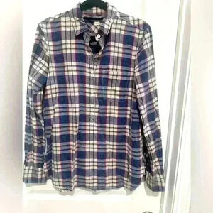 J CREW WOMEN BOY FIT BLUE WHITE PLAID tunic BUTTON UP LONG SLEEVE SHIRT SIZE XS